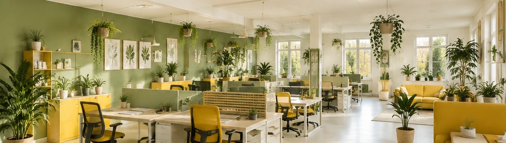 Aménagement de bureaux open space lumineux végétalisés avec mobilier jaune et vert