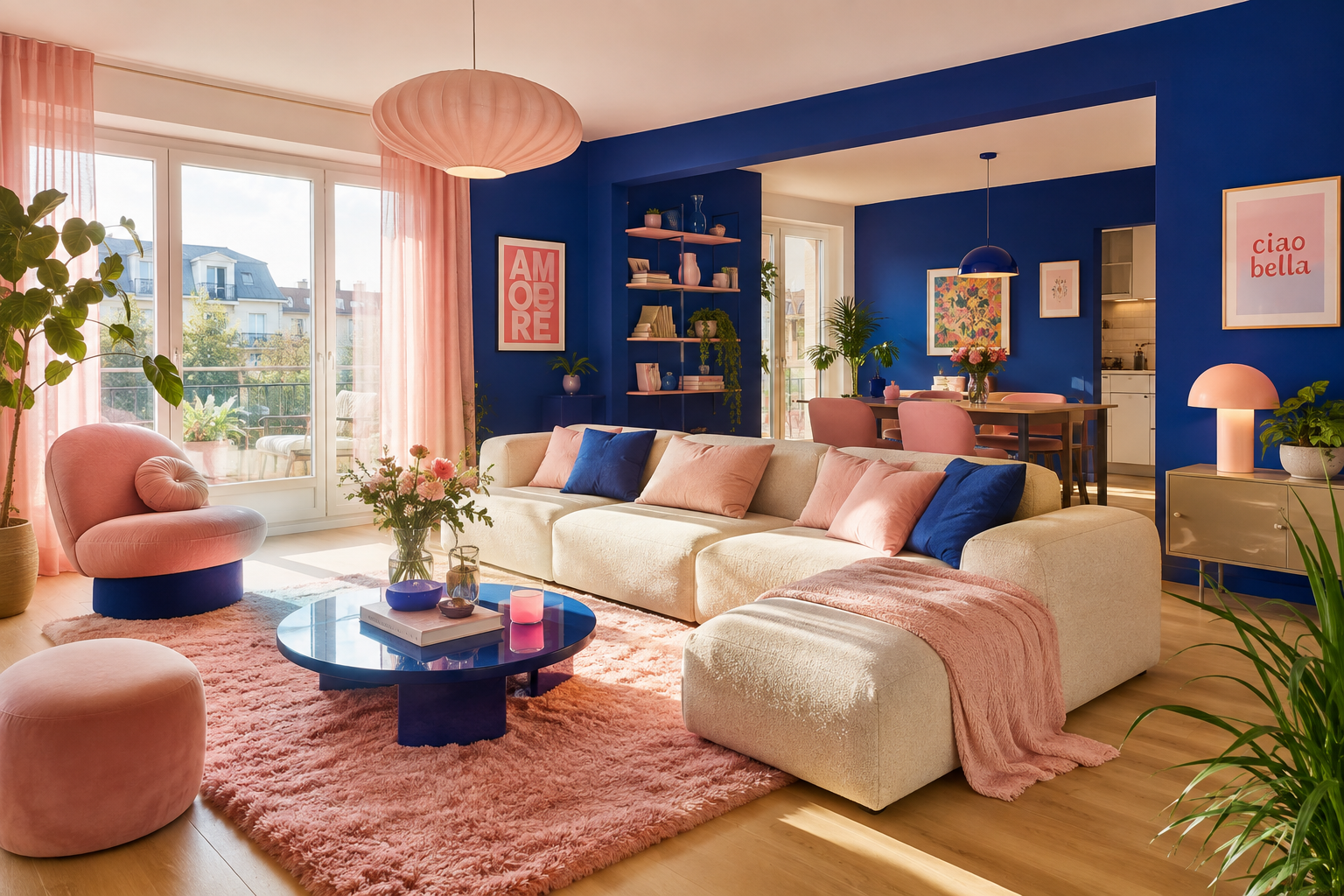 Grand salon coloré aux murs bleu profond et canapé crème avec touches de rose — Projet Appartement Kaléidoscope